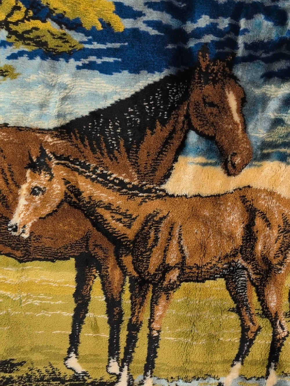 Vintage Tapestry Wall Hanging in Brown and Blue Western Horse